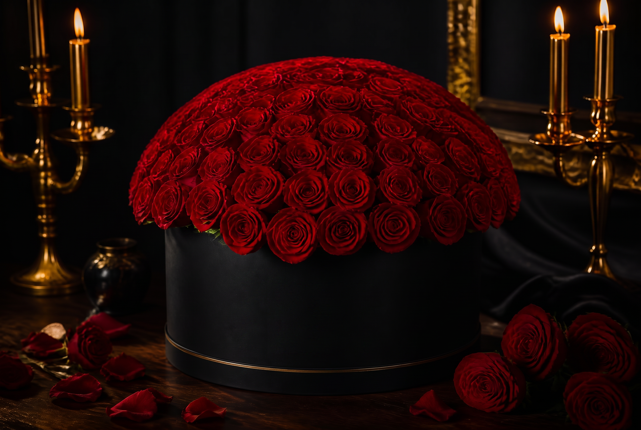 Cinematic abundance of red roses with gold accents