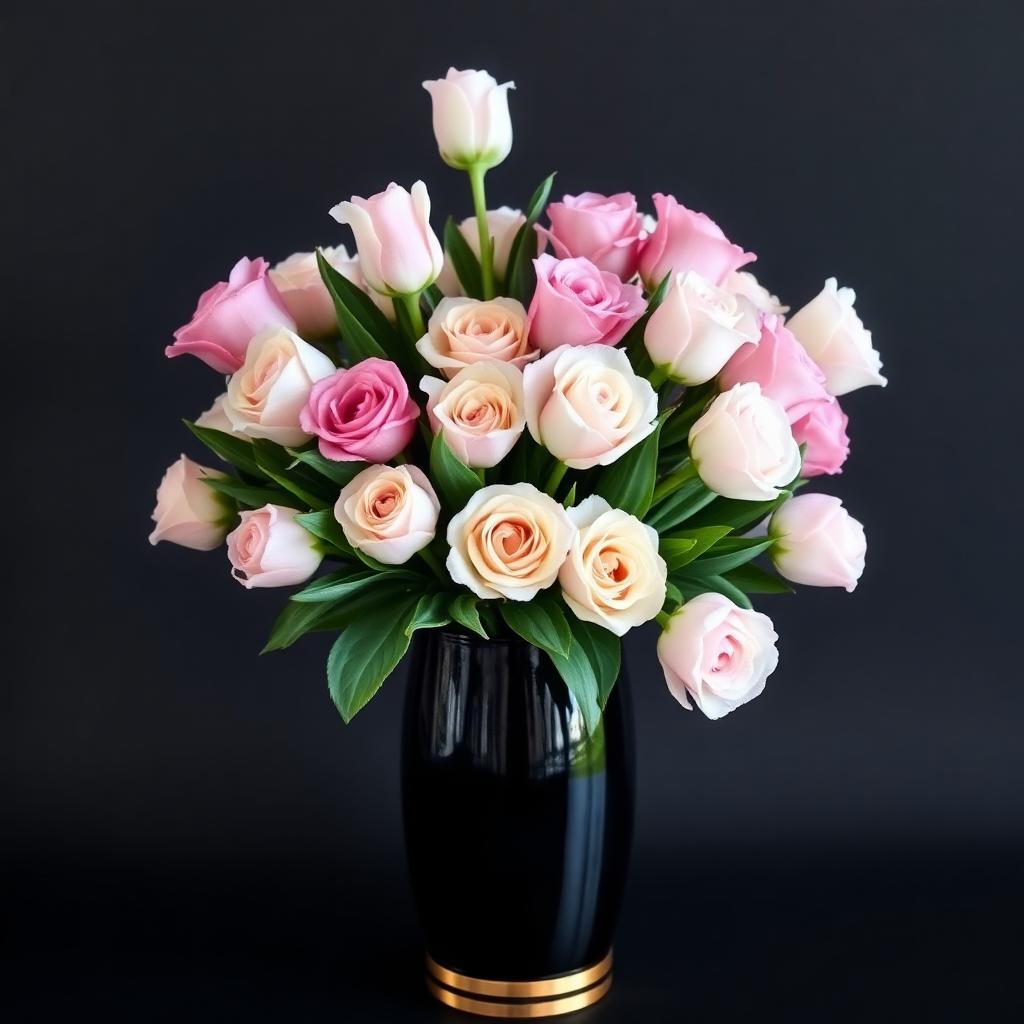 Luxury arrangement of mixed pastel roses and tulips